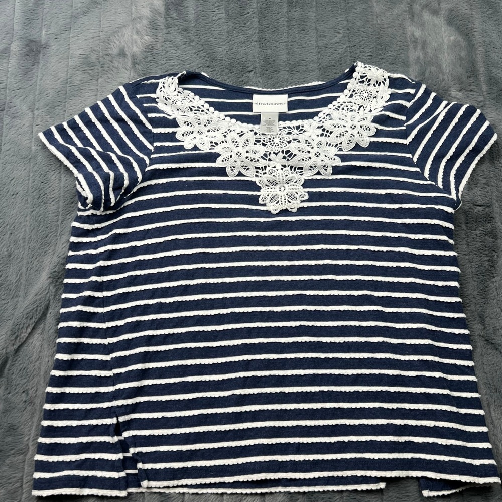 Alfred Dunner Navy Blue White Striped Lace Neck Cotton Short Sleeve Top Medium